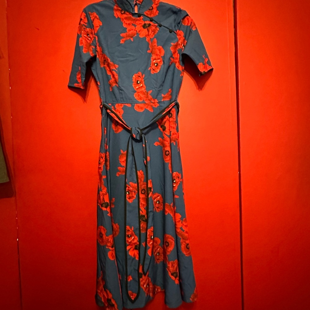 eShakti Blue Red Poppy Chinoiserie Midi Dress Mandarin Collar Self-Tie Belt Size
